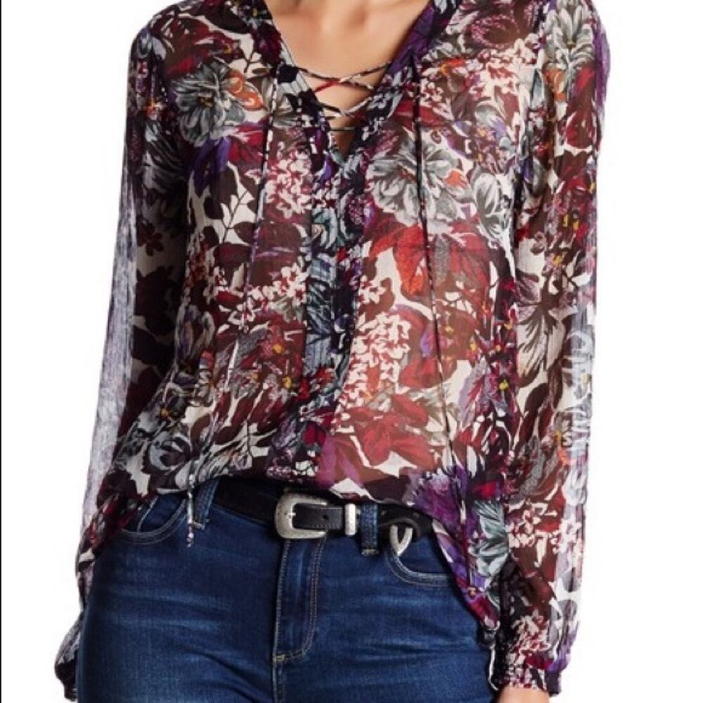 Lucky Brand Floral Peasant Blouse Womens Small Semi-Sheer Chiffon Long Sleeve